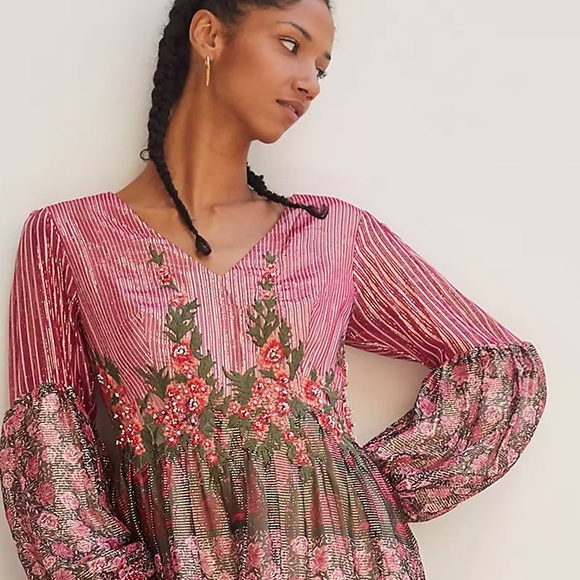 Anthropologie Mynah's Reynu Taandon Embroidered Floral Shimmer Maxi Dress - Picture 3 of 12